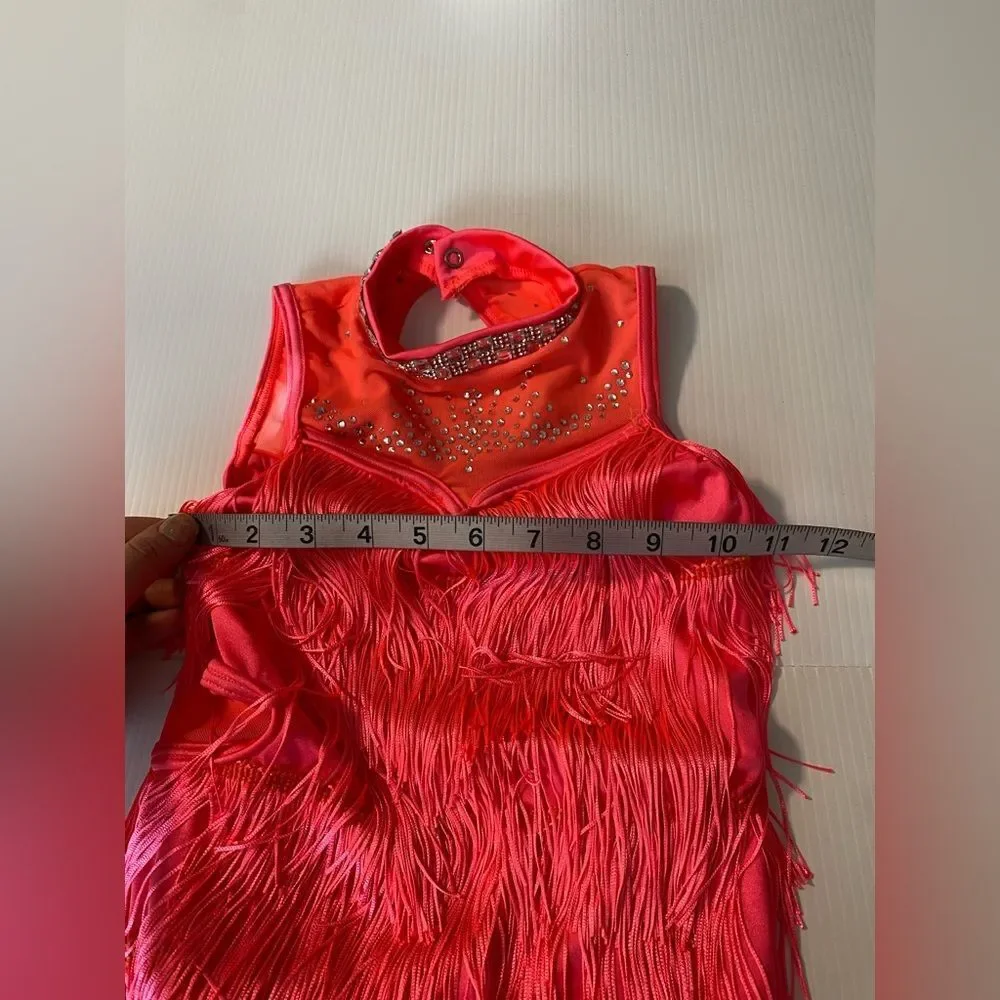 WEISSMAN Dance Costume stoned fringe coral pink Call Me 16736 IC- child 7/8